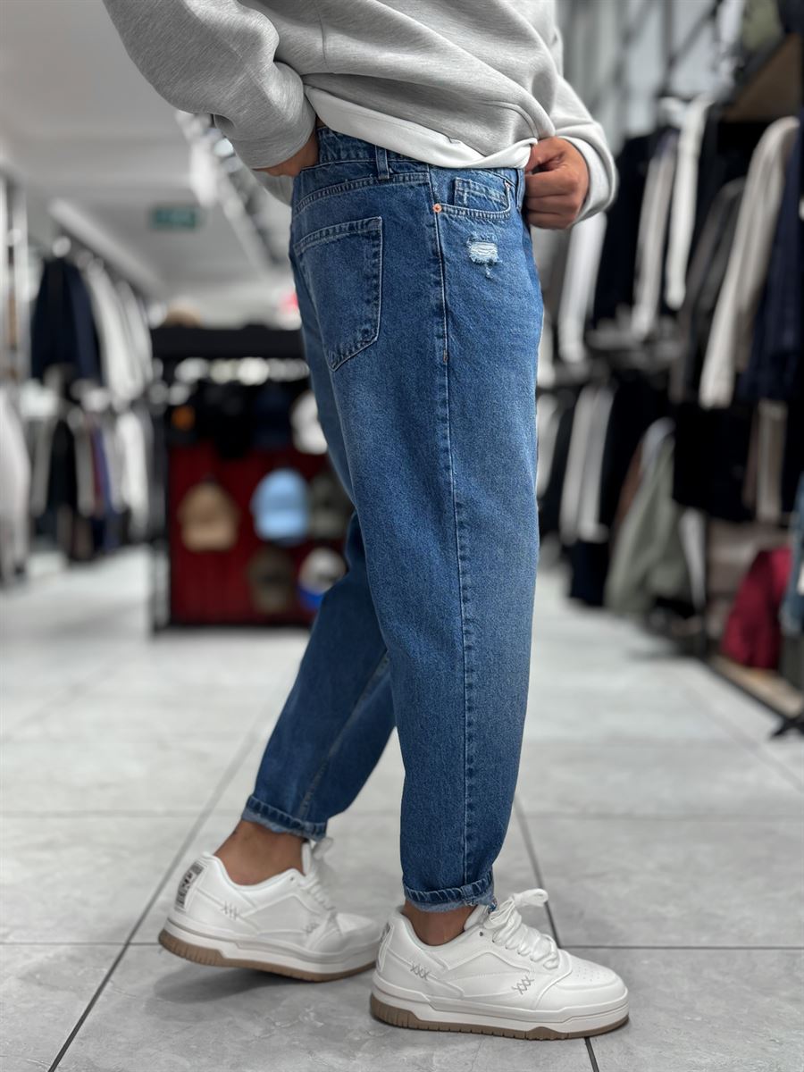 Blue Pocket Ripped Boyfriend Jeans WE-2909