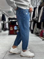 Blue Pocket Ripped Boyfriend Jeans WE-2909