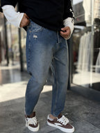 Dark Blue Boyfriend Jeans with Distressed Pocket Details WE-2402