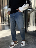 Dark Blue Boyfriend Jeans with Distressed Pocket Details WE-2402