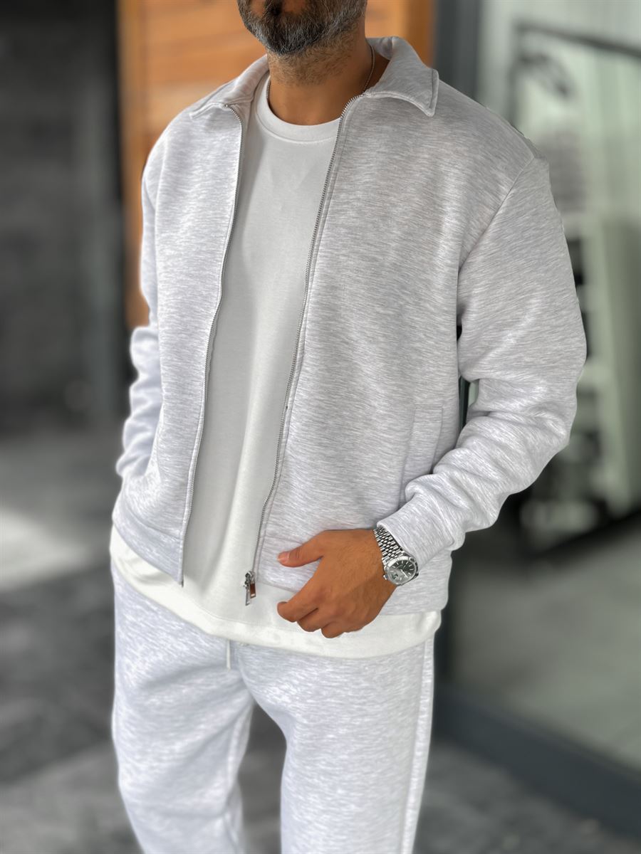 Light Gray Zip-Up Collared Sweatshirt MRK-2876