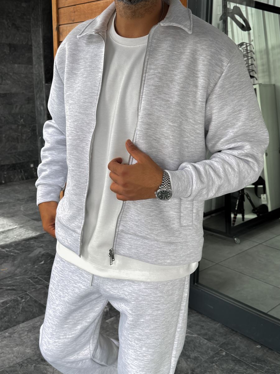 Light Gray Zip-Up Collared Sweatshirt MRK-2876