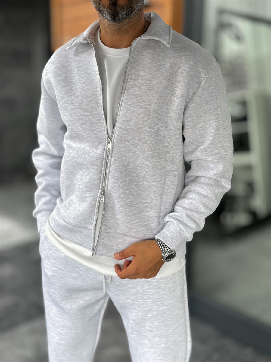 Light Gray Zip-Up Collared Sweatshirt MRK-2876