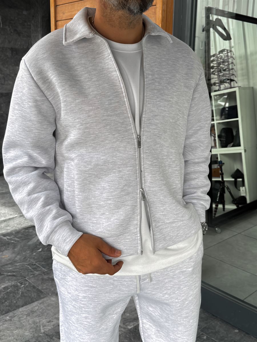 Light Gray Zip-Up Collared Sweatshirt MRK-2876
