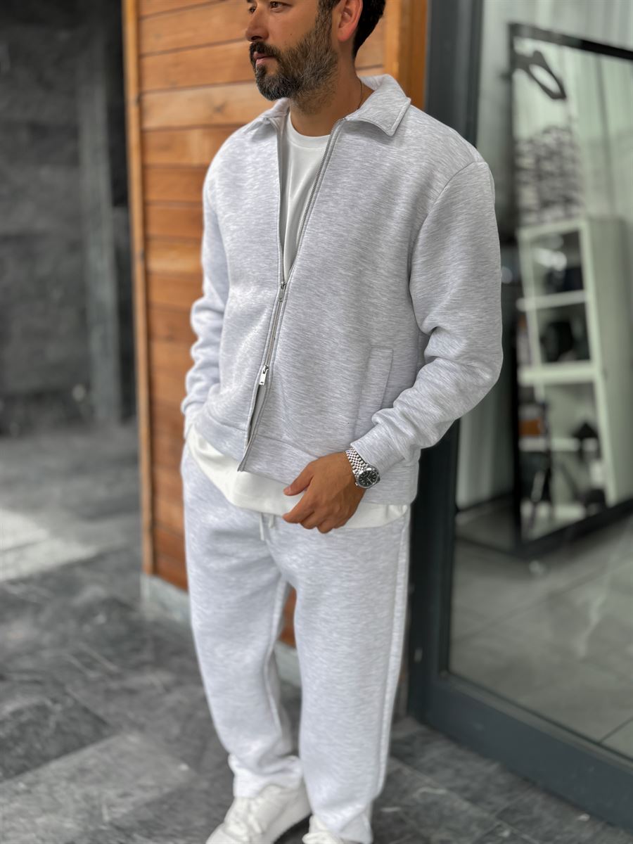 Light Gray Zip-Up Collared Sweatshirt MRK-2876