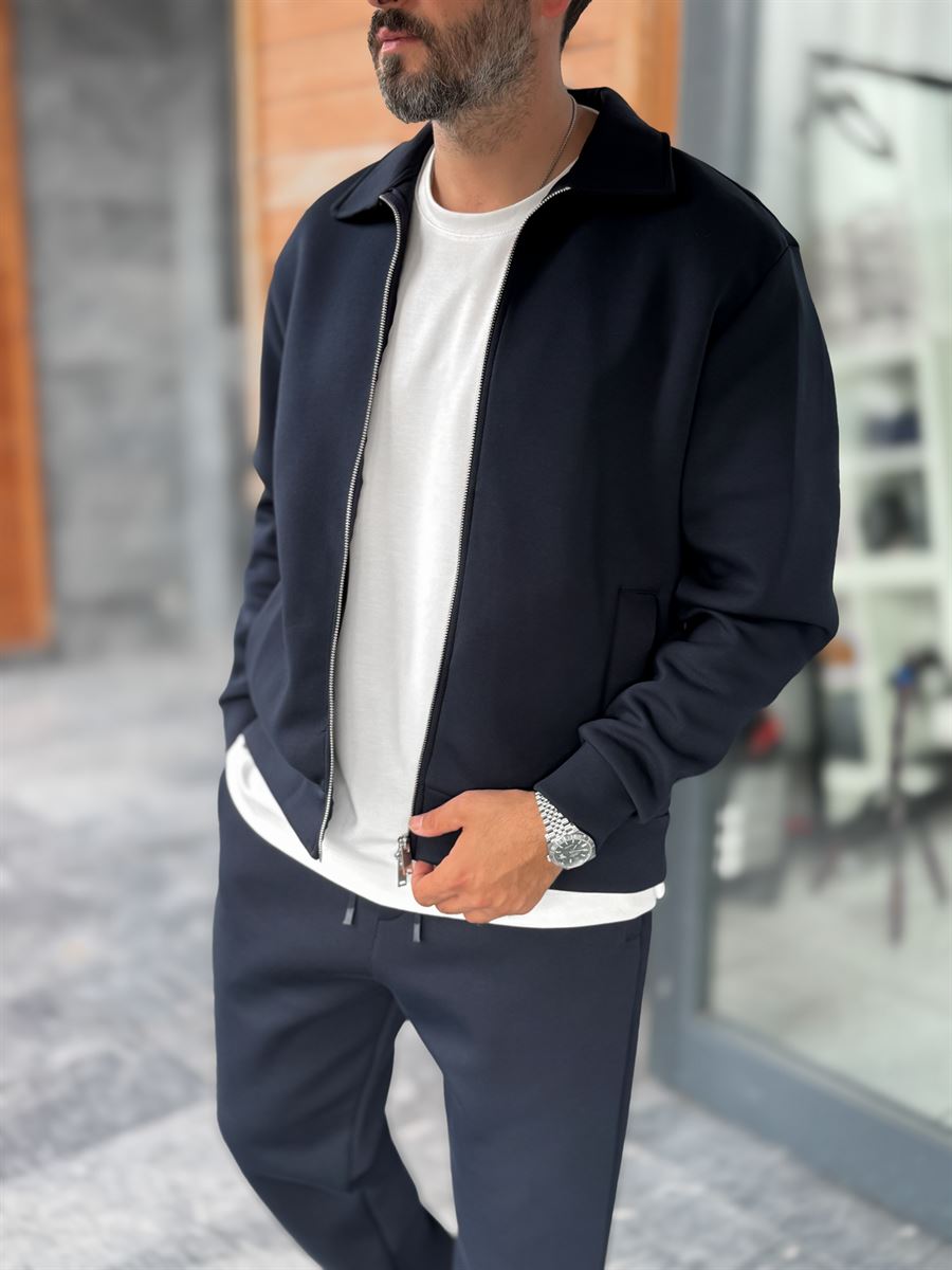 Navy Zip-Up Collared Sweatshirt MRK-2876