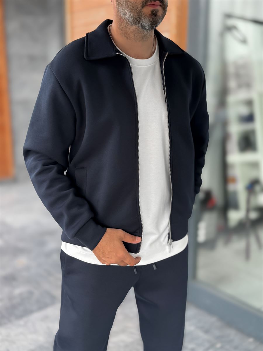 Navy Zip-Up Collared Sweatshirt MRK-2876