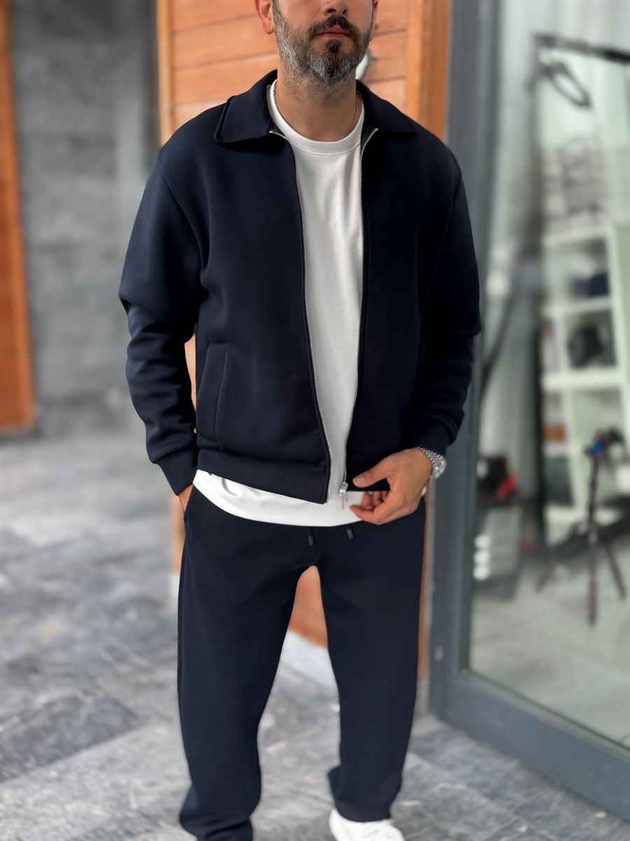Navy Zip-Up Collared Sweatshirt MRK-2876