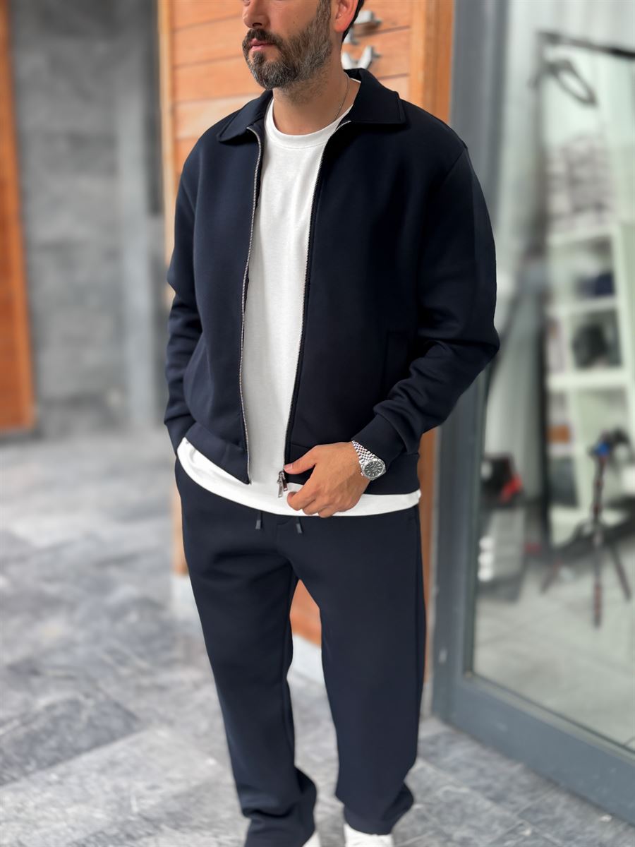 Navy Zip-Up Collared Sweatshirt MRK-2876