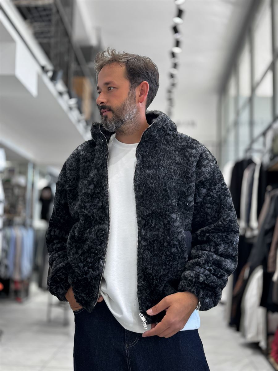 Black Hooded Patterned Plush Jacket TW-7026
