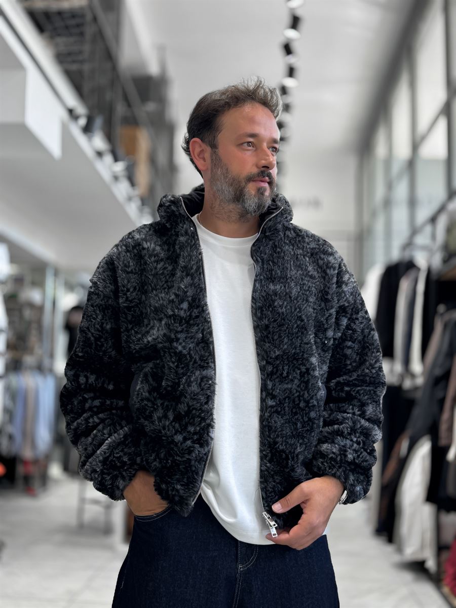 Black Hooded Patterned Plush Jacket TW-7026