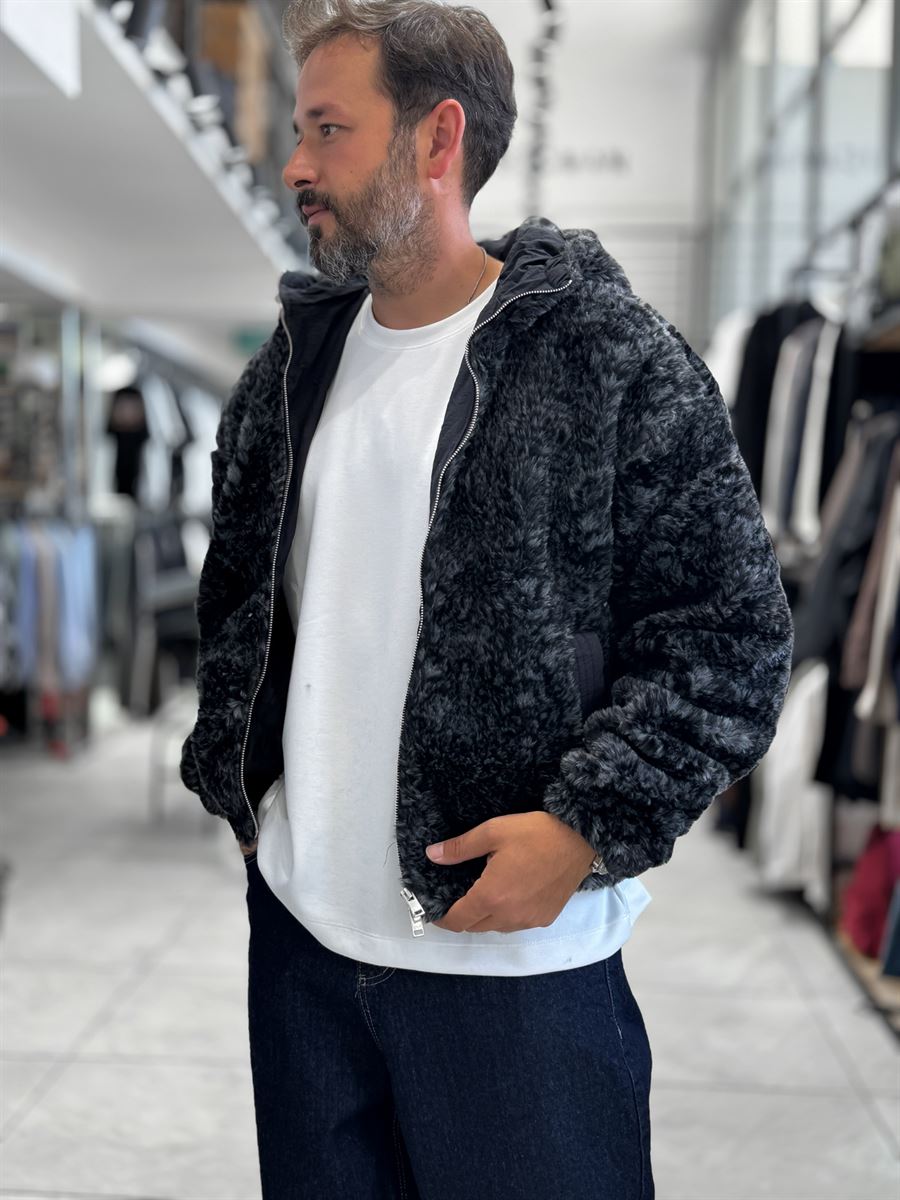Black Hooded Patterned Plush Jacket TW-7026