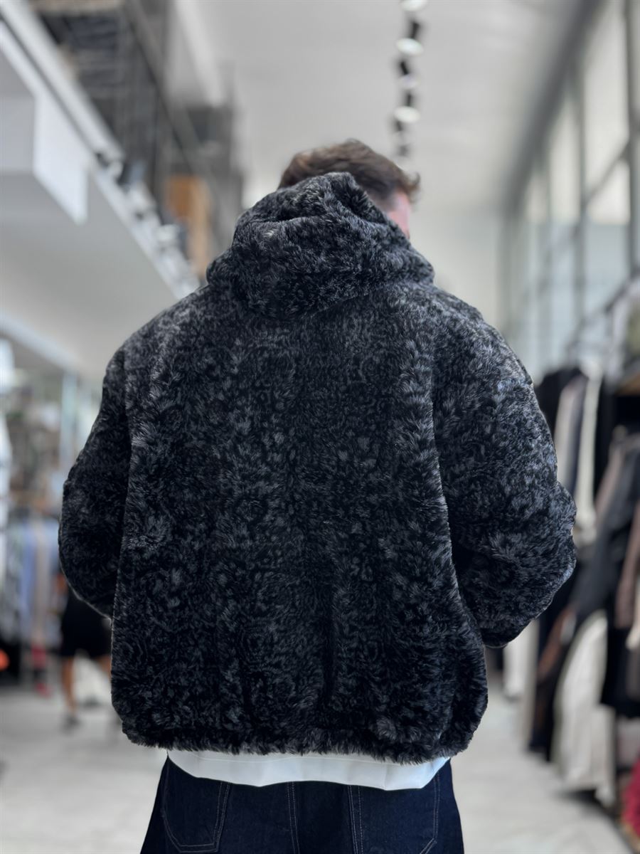 Black Hooded Patterned Plush Jacket TW-7026