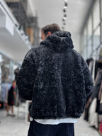 Black Hooded Patterned Plush Jacket TW-7026
