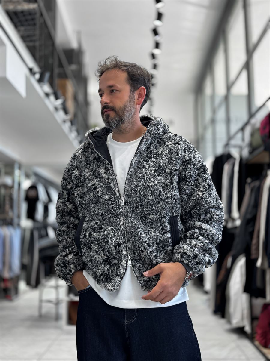 Gray Hooded Patterned Plush Jacket TW-7026