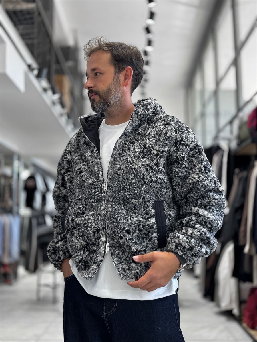 Gray Hooded Patterned Plush Jacket TW-7026