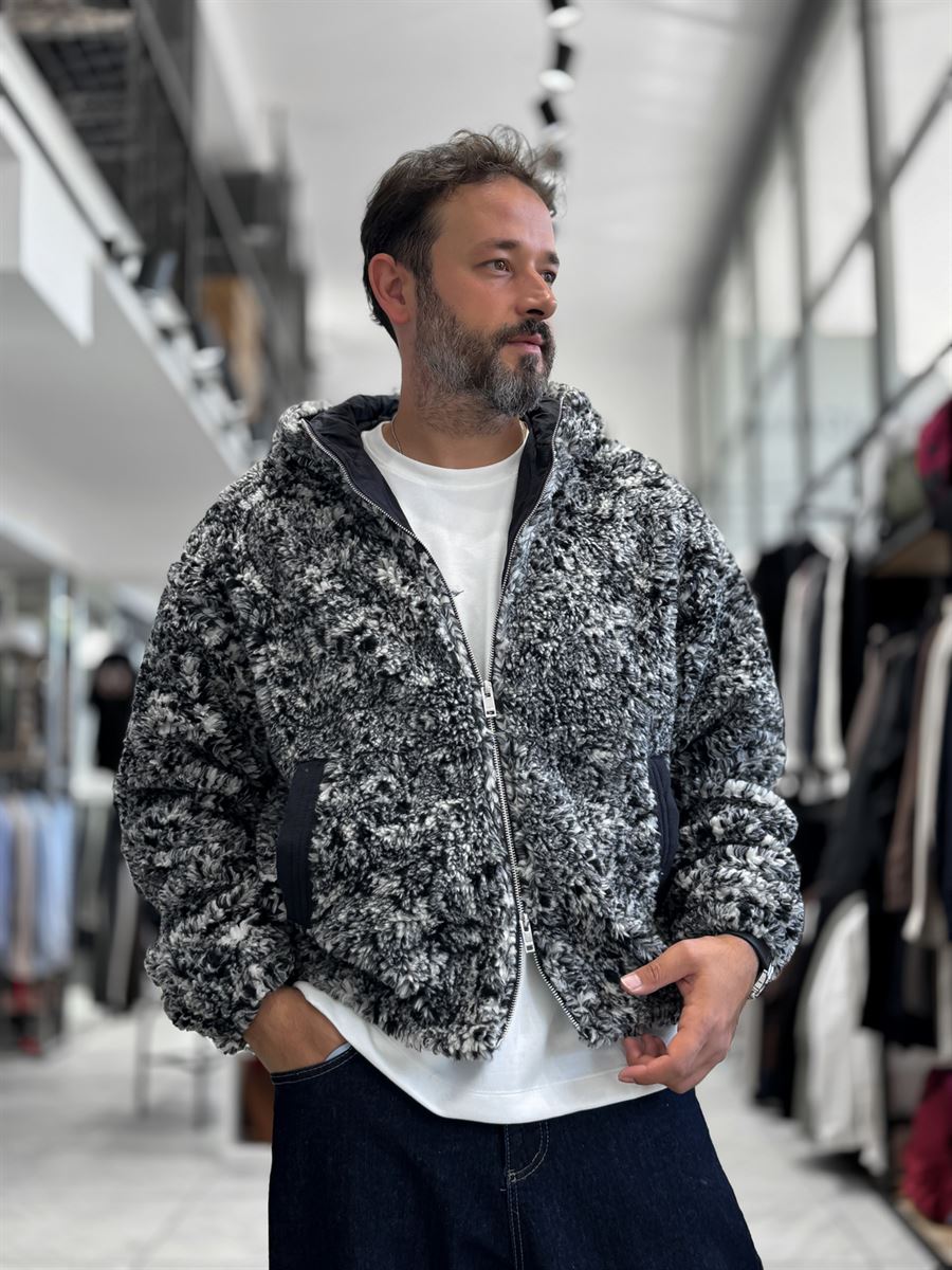 Gray Hooded Patterned Plush Jacket TW-7026