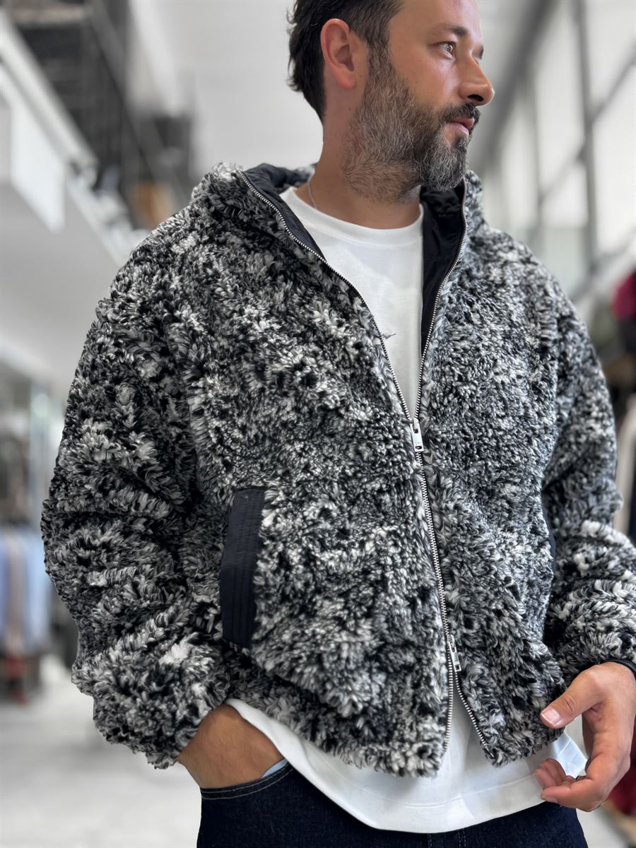 Gray Hooded Patterned Plush Jacket TW-7026