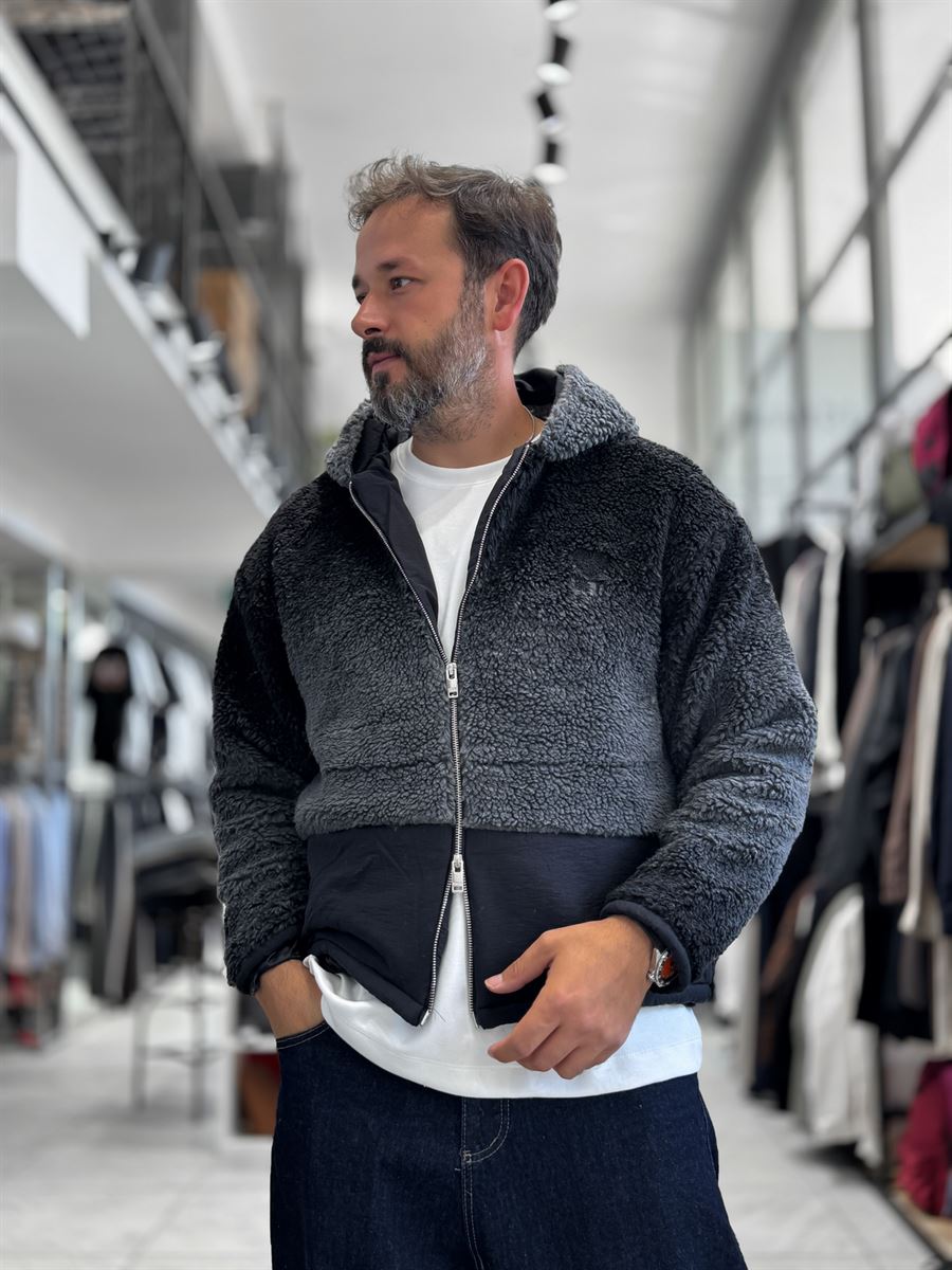 Black Hooded Gradient Plush Jacket TW-7010