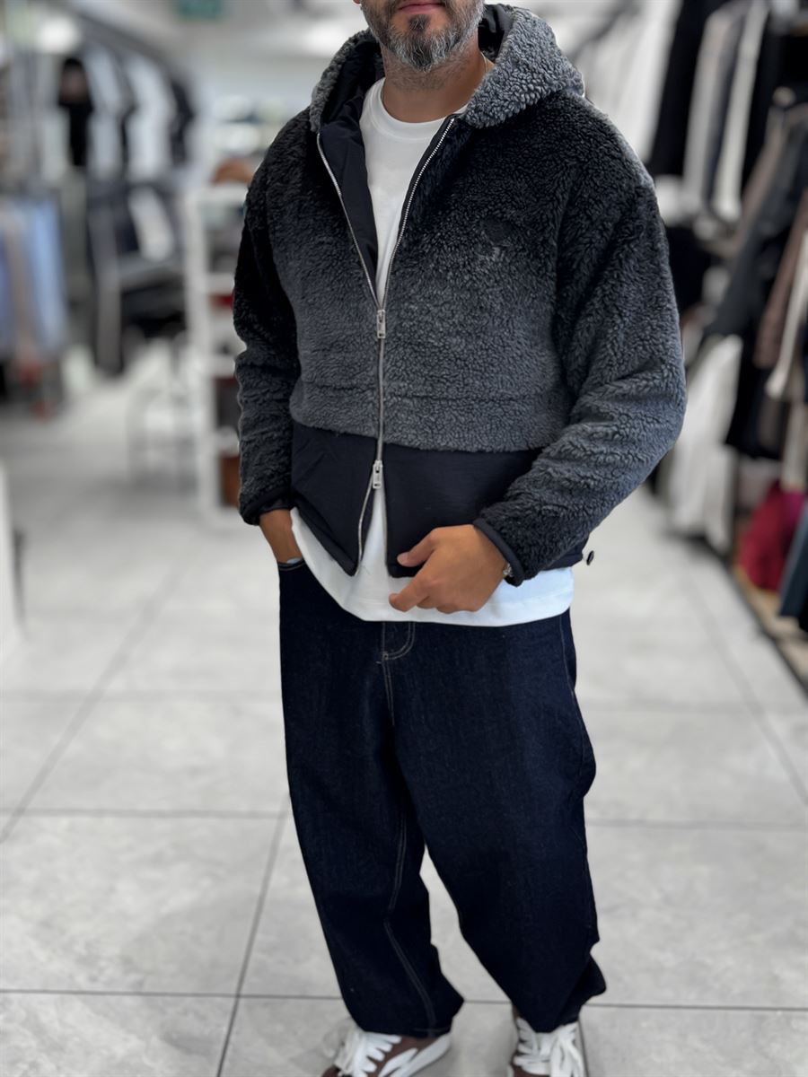 Black Hooded Gradient Plush Jacket TW-7010