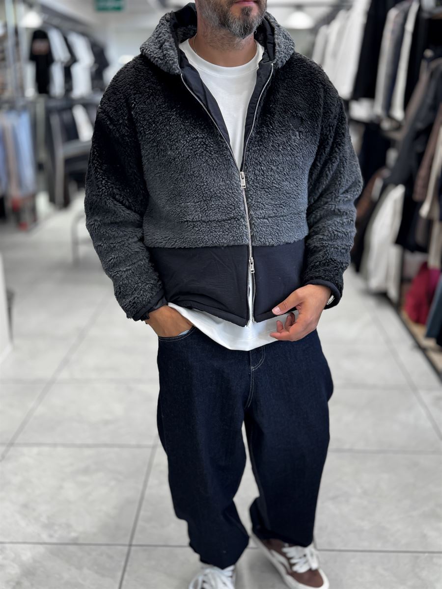 Black Hooded Gradient Plush Jacket TW-7010