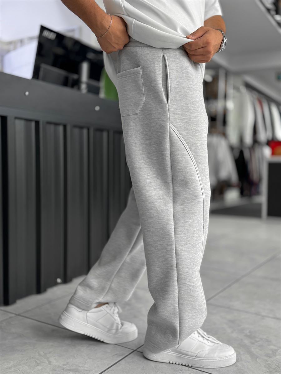 Light Gray Panda Fabric Piped Baggy Sweatpants RES-4002