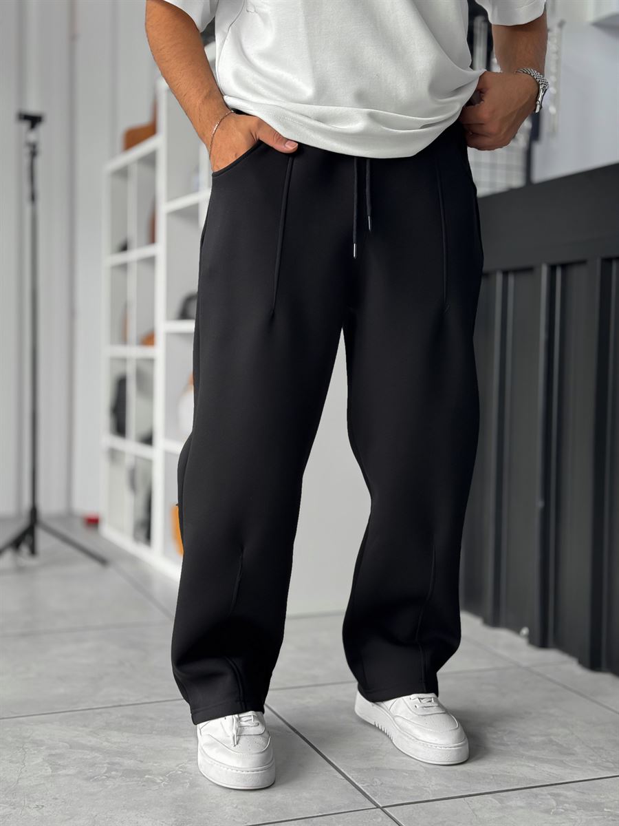 Black Panda Fabric Stitched Baggy Sweatpants RES-4004