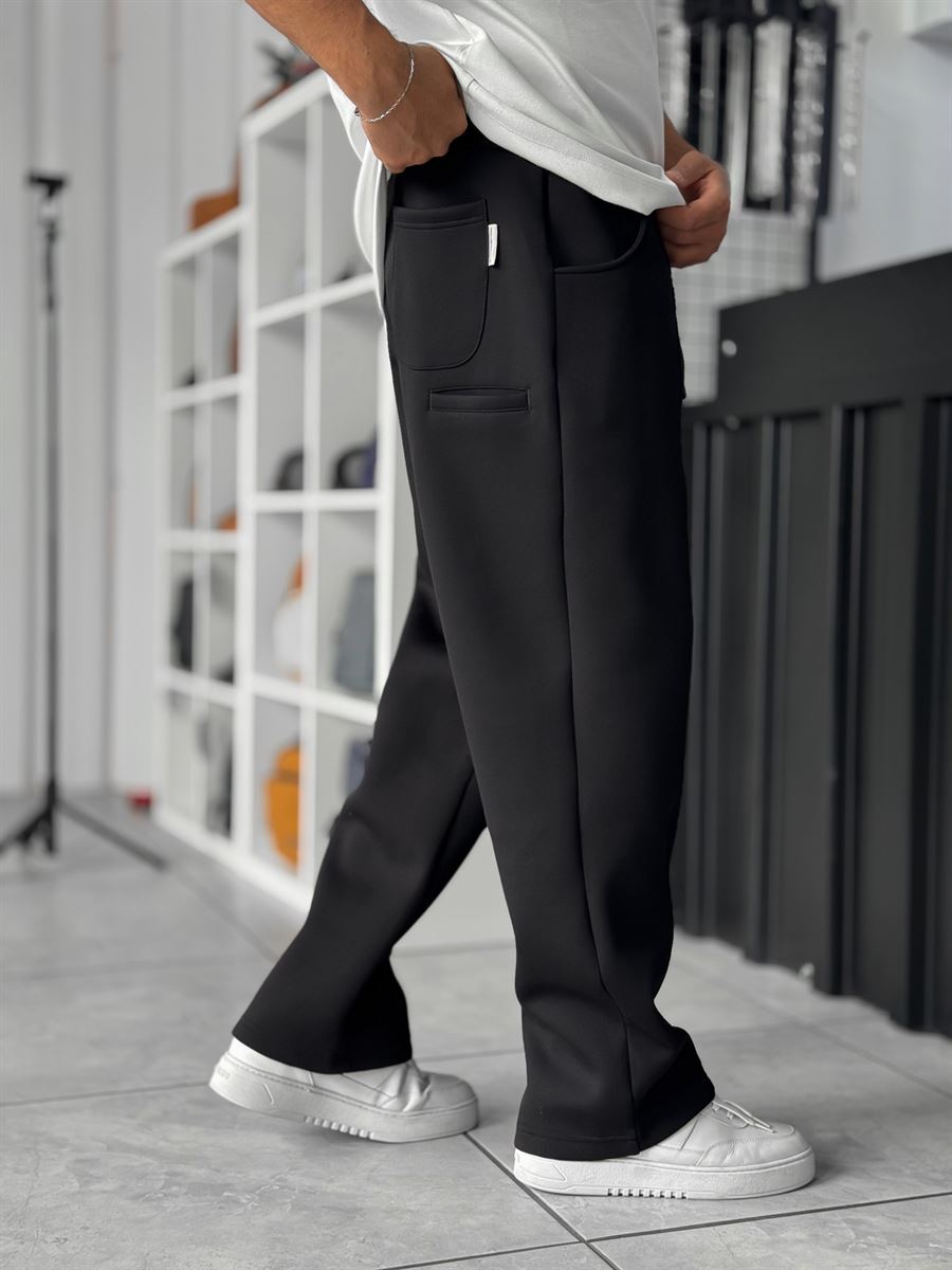 Black Panda Fabric Stitched Baggy Sweatpants RES-4004
