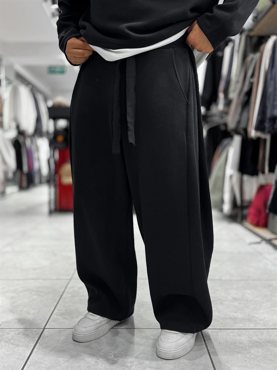 Black Relaxed Fit Belted Waffle Sweatpants HM