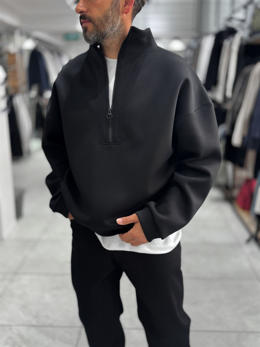 Black Half-Zip Panda Fabric Sweatshirt HM-