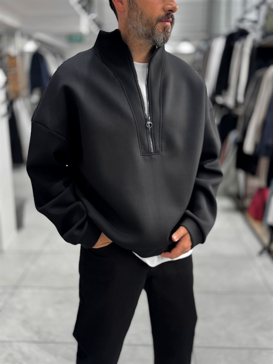 Black Half-Zip Panda Fabric Sweatshirt HM-