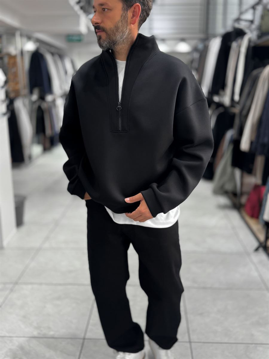 Black Half-Zip Panda Fabric Sweatshirt HM-