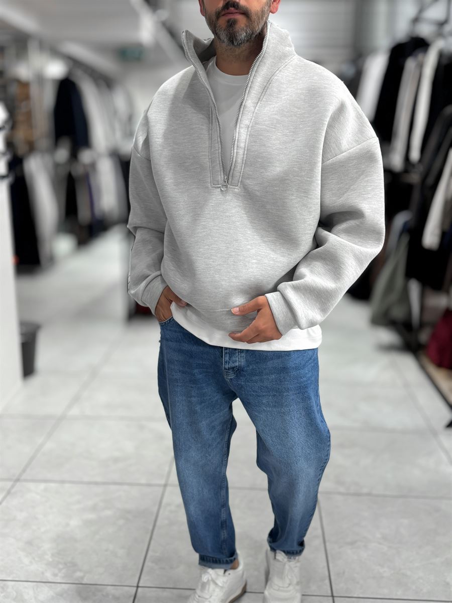 Light Gray Half-Zip Panda Fabric Sweatshirt HM-