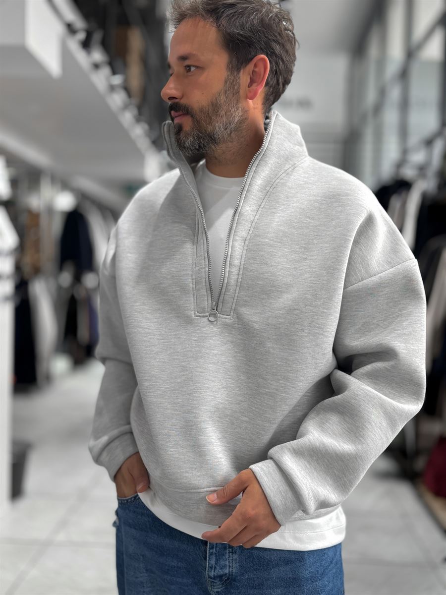 Light Gray Half-Zip Panda Fabric Sweatshirt HM-
