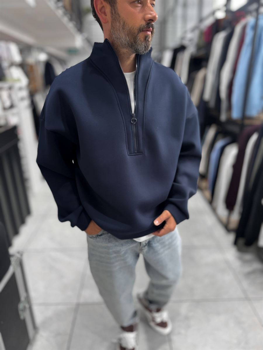 Navy Half-Zip Panda Fabric Sweatshirt HM-