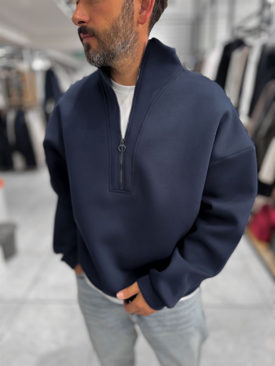 Navy Half-Zip Panda Fabric Sweatshirt HM-